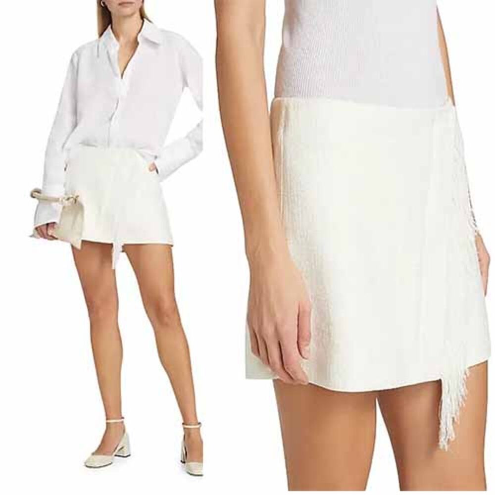 NEW A.L.C.  Kelley Asymmetric Fringe Linen Mid-Rise Zip Mini Skirt Cream Size: 2